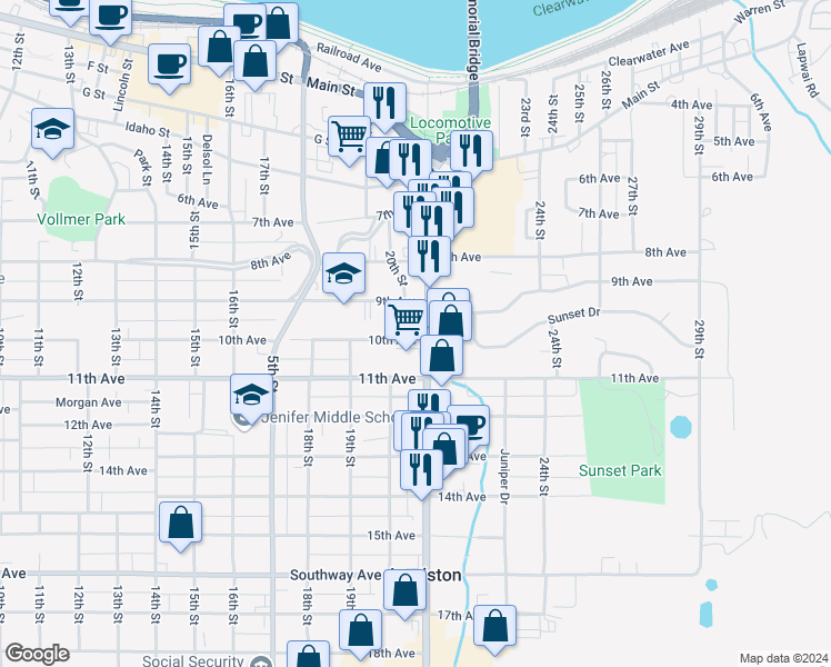 map of restaurants, bars, coffee shops, grocery stores, and more near 920 21st Street in Lewiston