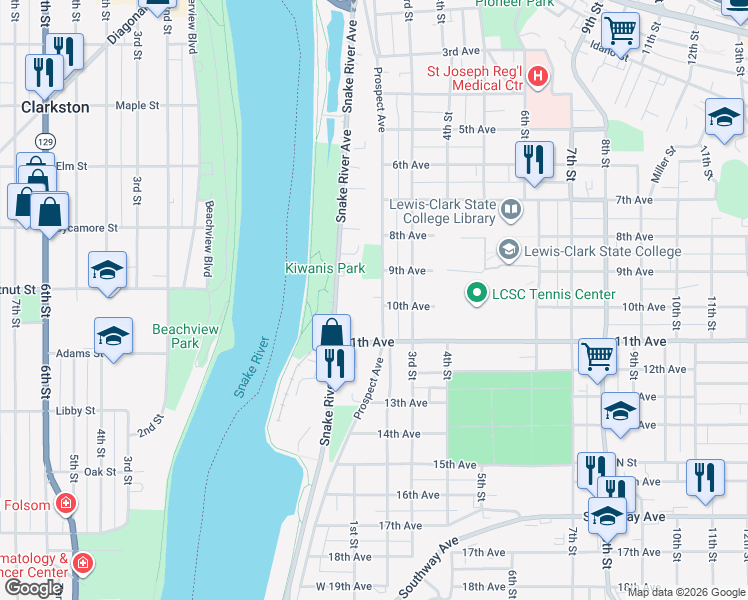 map of restaurants, bars, coffee shops, grocery stores, and more near 926 Prospect Avenue in Lewiston