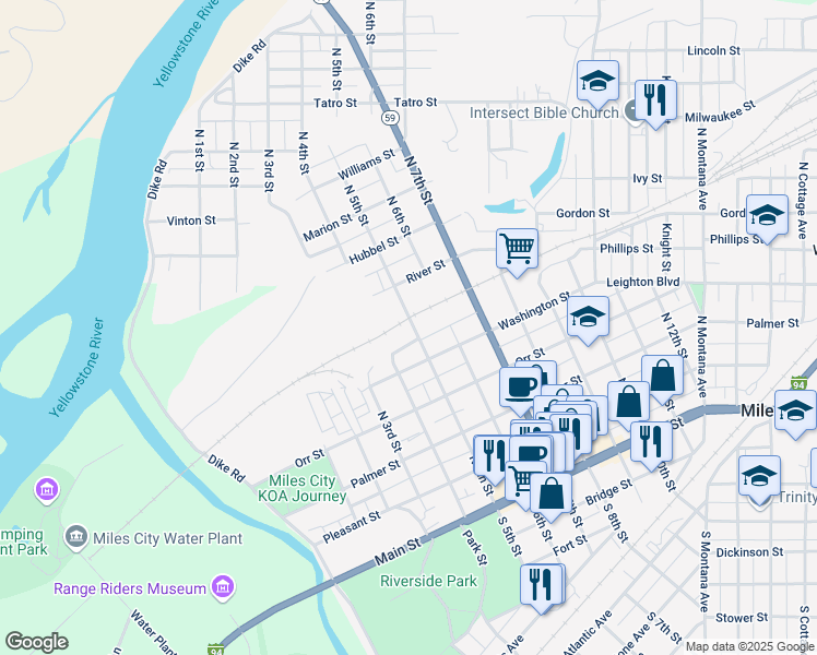 map of restaurants, bars, coffee shops, grocery stores, and more near 415 Washington Street in Miles City