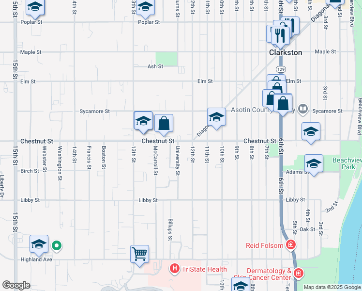 map of restaurants, bars, coffee shops, grocery stores, and more near 1219 Chestnut Street in Clarkston