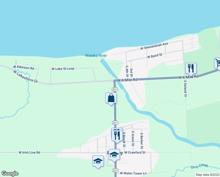 map of restaurants, bars, coffee shops, grocery stores, and more near 6582 Michigan 221 in Brimley