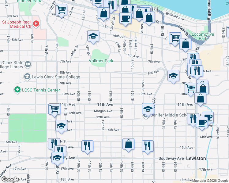 map of restaurants, bars, coffee shops, grocery stores, and more near 1309 10th Avenue in Lewiston