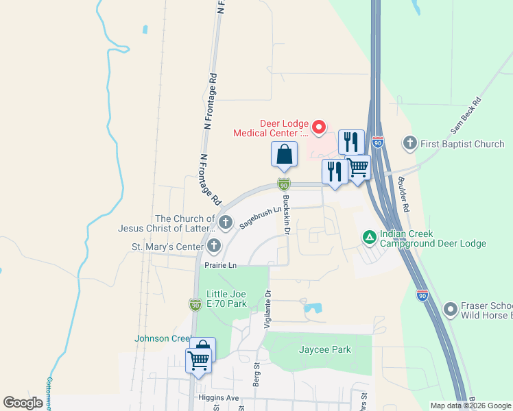 map of restaurants, bars, coffee shops, grocery stores, and more near 763 Sagebrush Lane in Deer Lodge