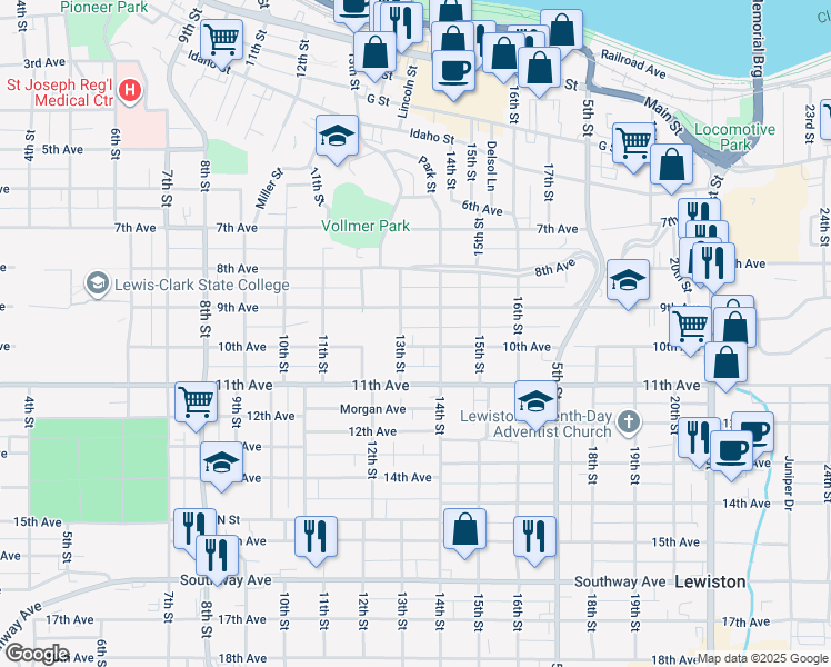 map of restaurants, bars, coffee shops, grocery stores, and more near 1308 10th Avenue in Lewiston