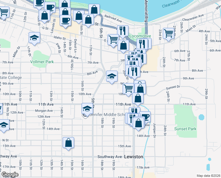 map of restaurants, bars, coffee shops, grocery stores, and more near 1840 9th Avenue in Lewiston