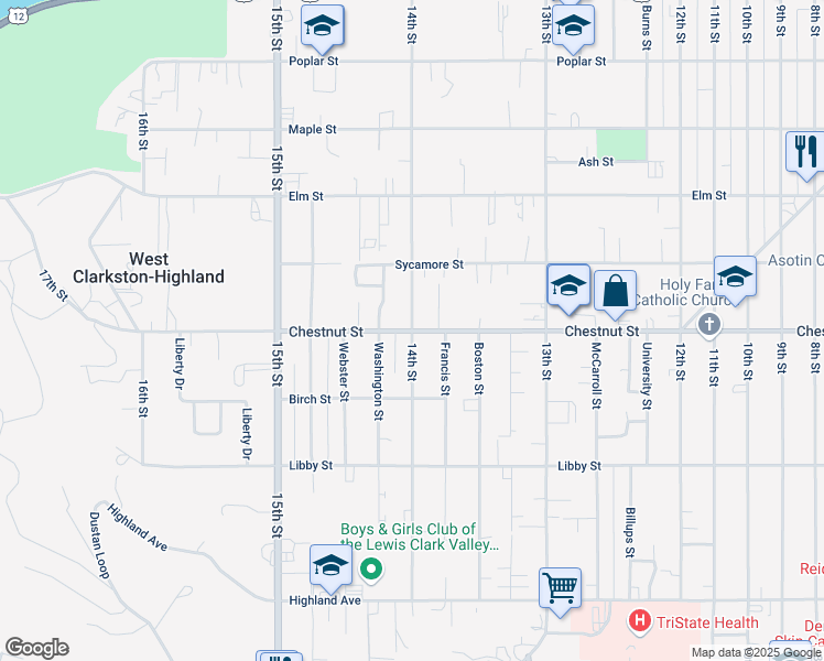 map of restaurants, bars, coffee shops, grocery stores, and more near 14th Street in Clarkston