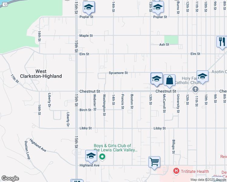 map of restaurants, bars, coffee shops, grocery stores, and more near Chestnut Street & 14th Street in Clarkston