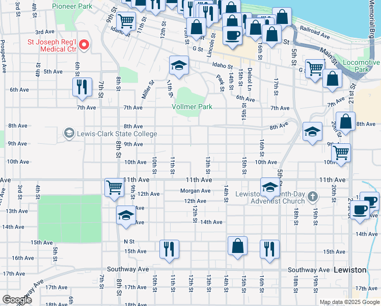 map of restaurants, bars, coffee shops, grocery stores, and more near 1114 9th Avenue in Lewiston