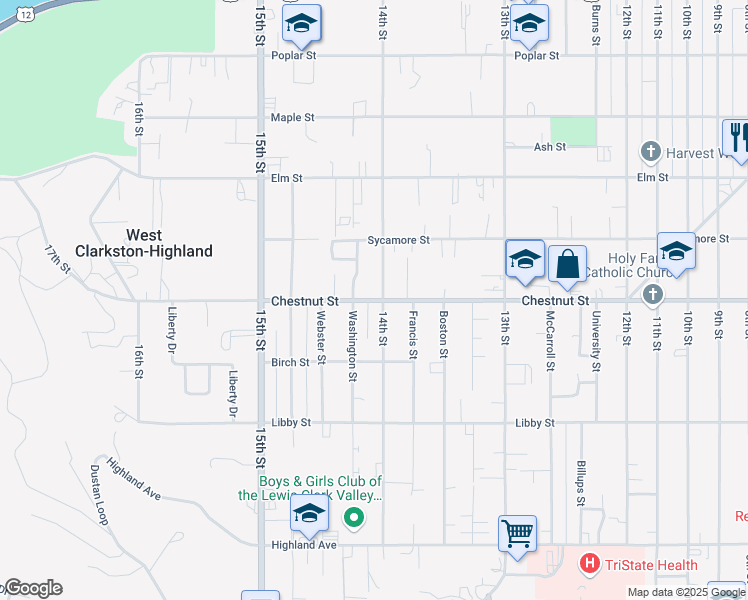 map of restaurants, bars, coffee shops, grocery stores, and more near 1284 Chestnut Street in Clarkston