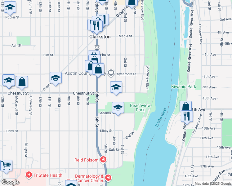 map of restaurants, bars, coffee shops, grocery stores, and more near 401 Chestnut Street in Clarkston