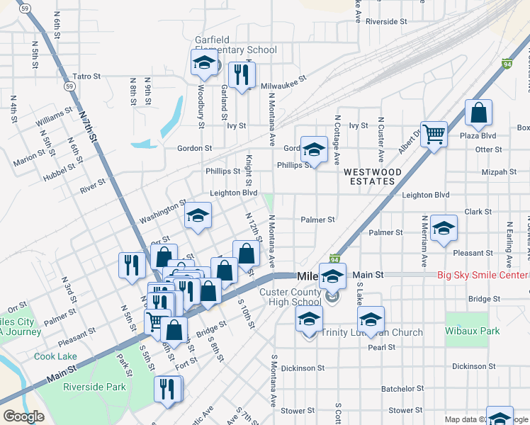 map of restaurants, bars, coffee shops, grocery stores, and more near 220 North 12th Street in Miles City