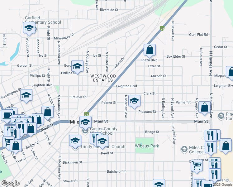 map of restaurants, bars, coffee shops, grocery stores, and more near in Miles City