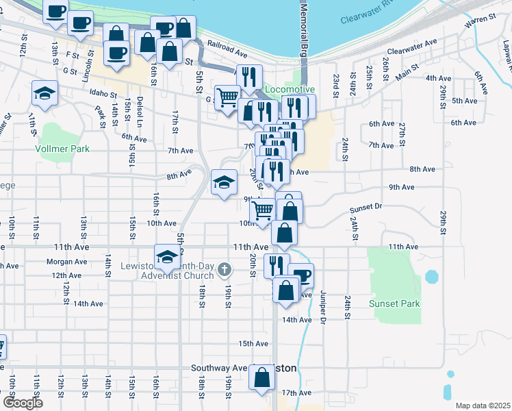 map of restaurants, bars, coffee shops, grocery stores, and more near 820 20th Street in Lewiston