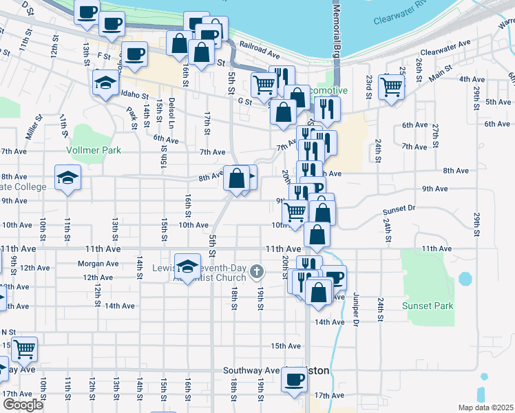 map of restaurants, bars, coffee shops, grocery stores, and more near 1840 9th Avenue in Lewiston