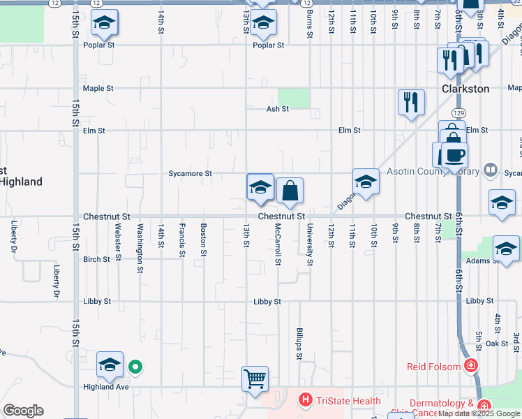 map of restaurants, bars, coffee shops, grocery stores, and more near 1284 Chestnut Street in Clarkston