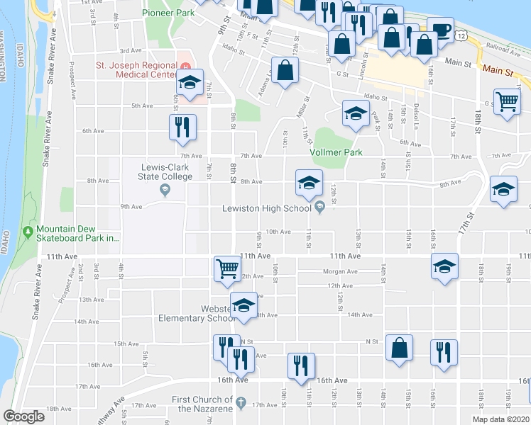 map of restaurants, bars, coffee shops, grocery stores, and more near 906 9th Avenue in Lewiston