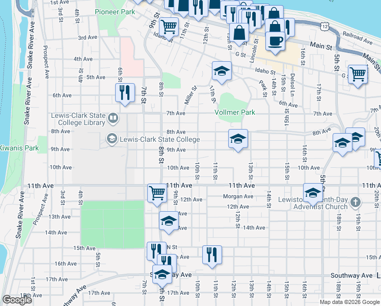 map of restaurants, bars, coffee shops, grocery stores, and more near 909 9th Avenue in Lewiston