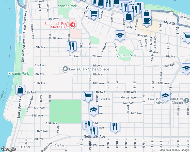 map of restaurants, bars, coffee shops, grocery stores, and more near 813 9th Avenue in Lewiston