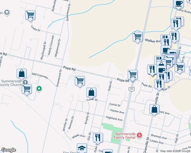 map of restaurants, bars, coffee shops, grocery stores, and more near 295 Pope Road in Summerside