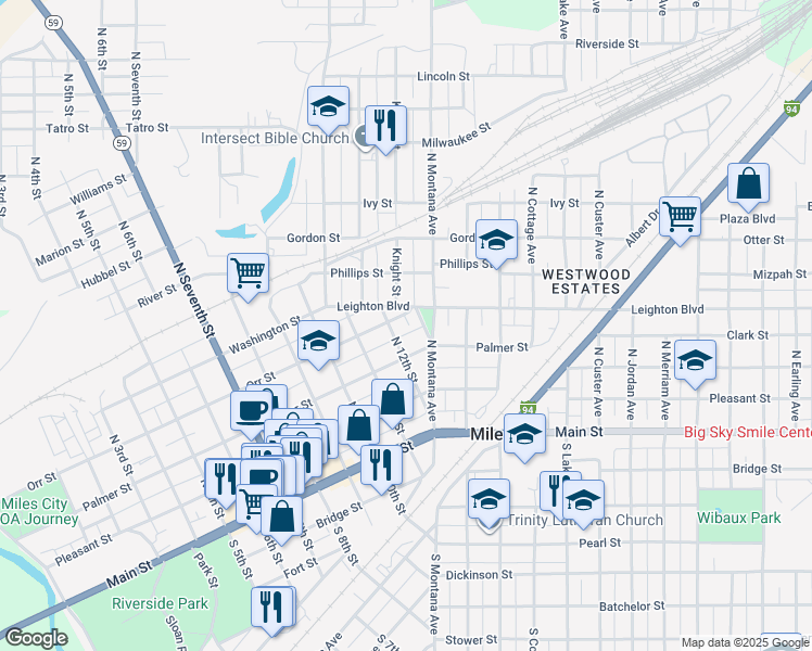 map of restaurants, bars, coffee shops, grocery stores, and more near 220 North 12th Street in Miles City