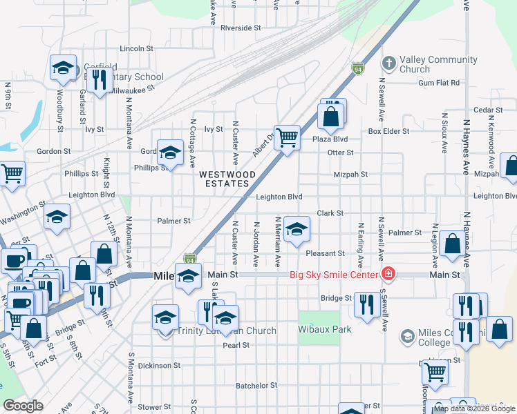 map of restaurants, bars, coffee shops, grocery stores, and more near 310 North Jordan Avenue in Miles City