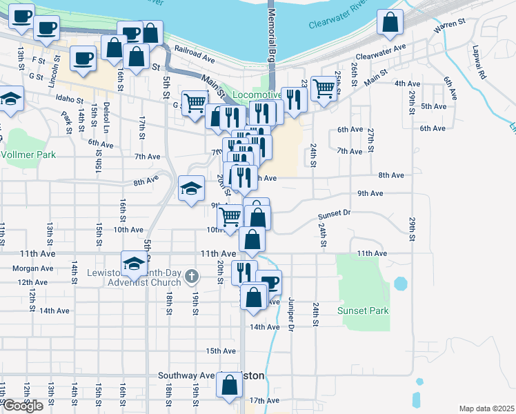 map of restaurants, bars, coffee shops, grocery stores, and more near 833 21st St in Lewiston