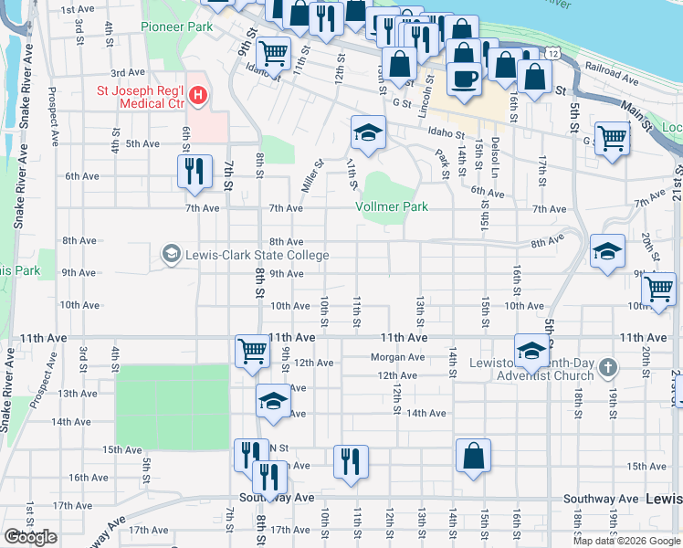 map of restaurants, bars, coffee shops, grocery stores, and more near 1026 9th Avenue in Lewiston