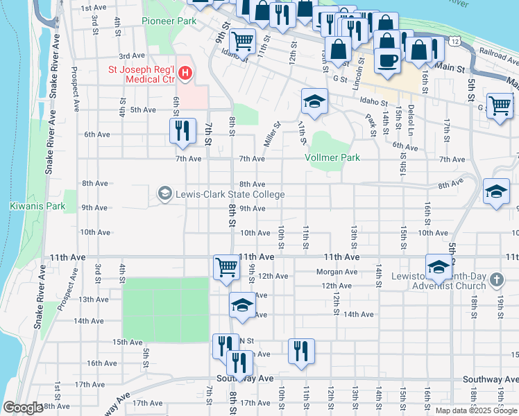 map of restaurants, bars, coffee shops, grocery stores, and more near 909 9th Ave in Lewiston