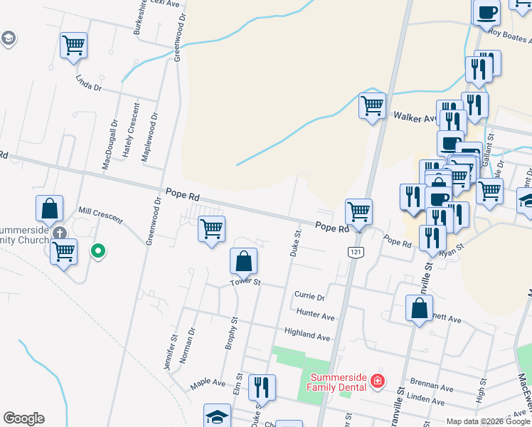 map of restaurants, bars, coffee shops, grocery stores, and more near 291 Pope Road in Summerside