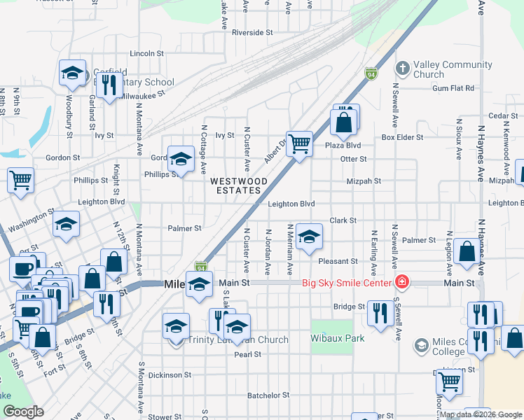 map of restaurants, bars, coffee shops, grocery stores, and more near in Miles City