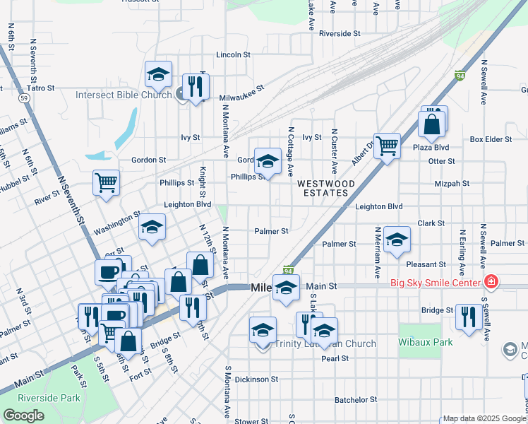map of restaurants, bars, coffee shops, grocery stores, and more near 219 North Center Avenue in Miles City