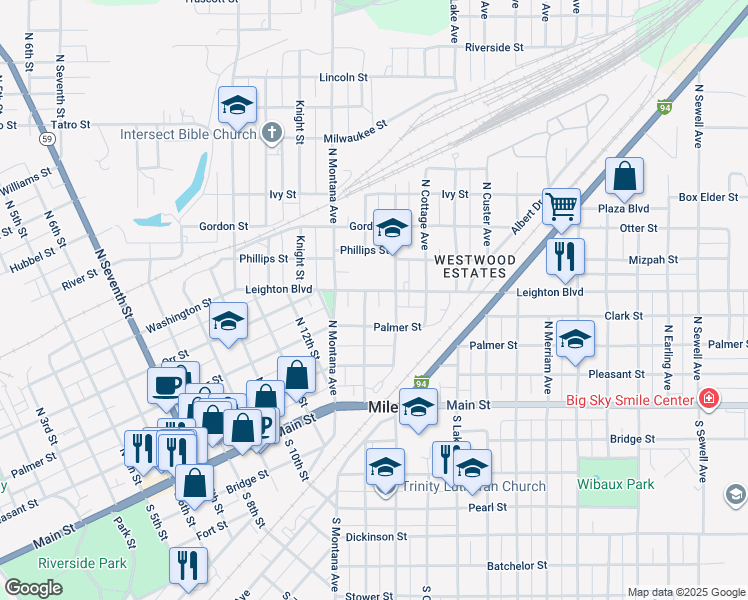 map of restaurants, bars, coffee shops, grocery stores, and more near 219 North Center Avenue in Miles City