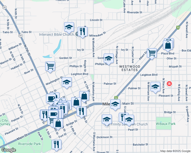 map of restaurants, bars, coffee shops, grocery stores, and more near 216 North Montana Avenue in Miles City