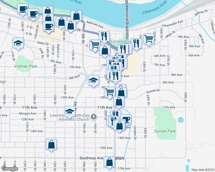 map of restaurants, bars, coffee shops, grocery stores, and more near 820 20th Street in Lewiston