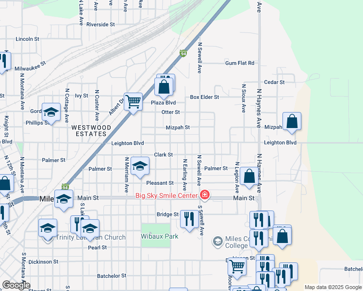 map of restaurants, bars, coffee shops, grocery stores, and more near 311 North Earling Avenue in Miles City