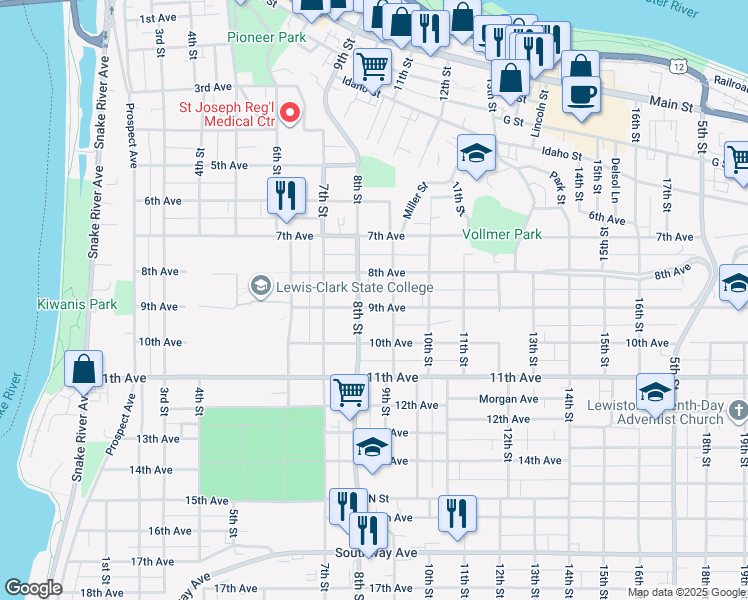 map of restaurants, bars, coffee shops, grocery stores, and more near 813 9th Avenue in Lewiston