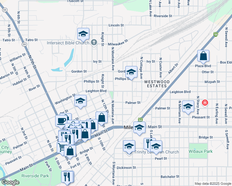 map of restaurants, bars, coffee shops, grocery stores, and more near 216 N Montana Ave in Miles City