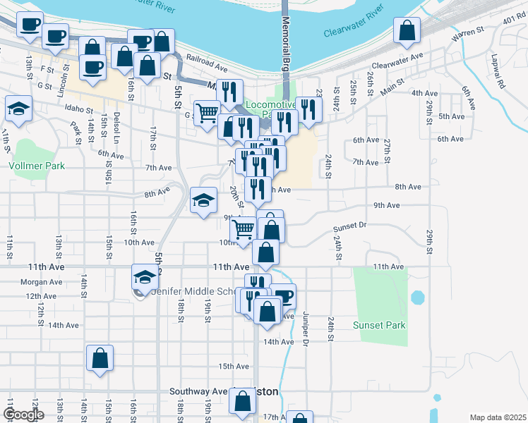 map of restaurants, bars, coffee shops, grocery stores, and more near 833 21st Street in Lewiston