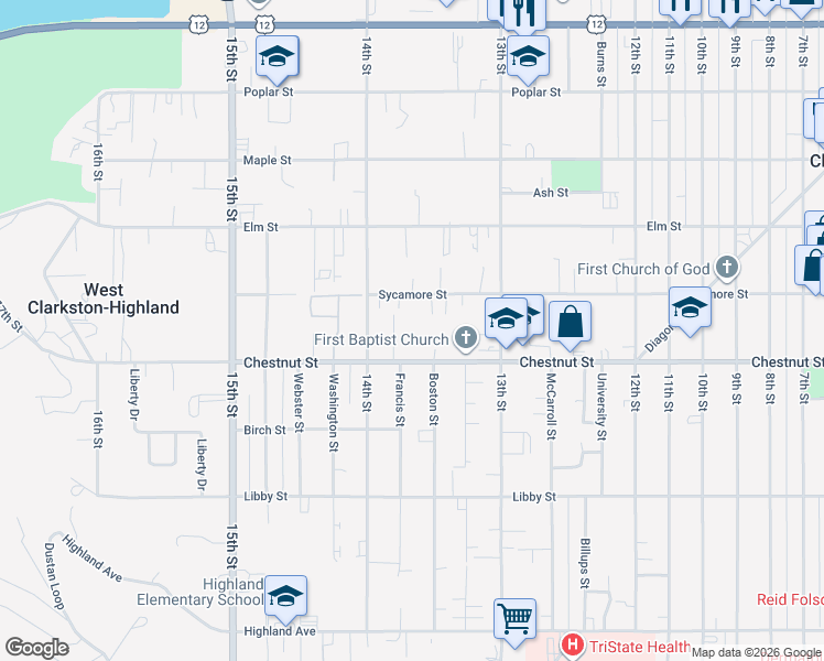 map of restaurants, bars, coffee shops, grocery stores, and more near 2408 6th Avenue in Clarkston