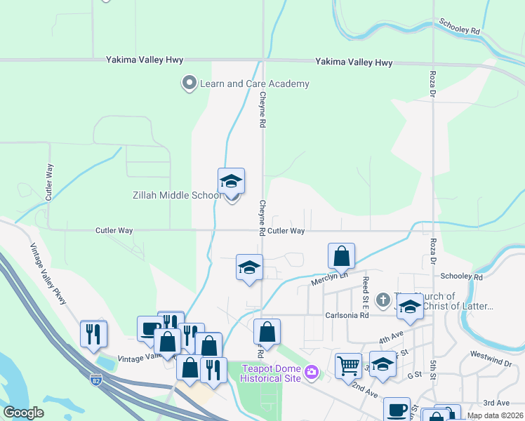 map of restaurants, bars, coffee shops, grocery stores, and more near 500-558 Cheyne Road in Zillah