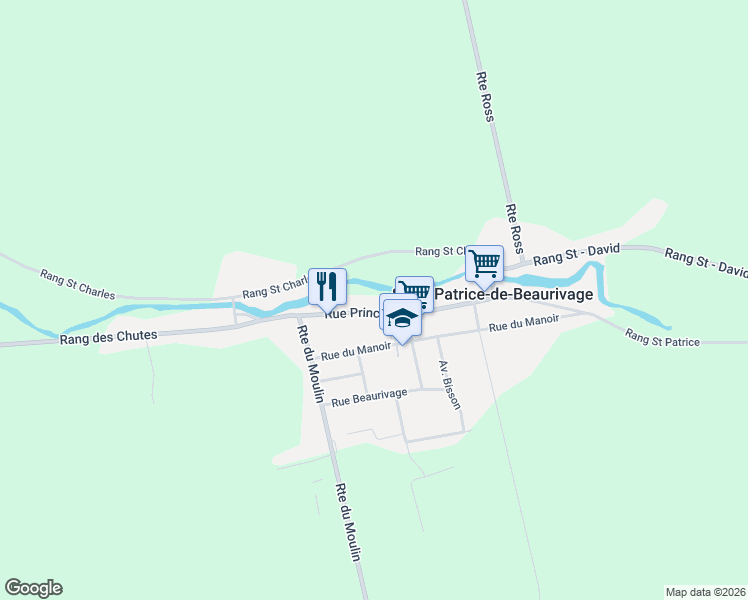 map of restaurants, bars, coffee shops, grocery stores, and more near 474 Rue Principale in Saint-Patrice-de-Beaurivage