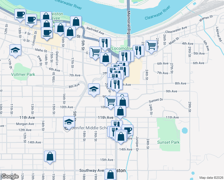 map of restaurants, bars, coffee shops, grocery stores, and more near 820 20th Street in Lewiston