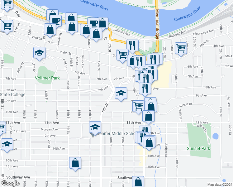 map of restaurants, bars, coffee shops, grocery stores, and more near 805 18th Street in Lewiston