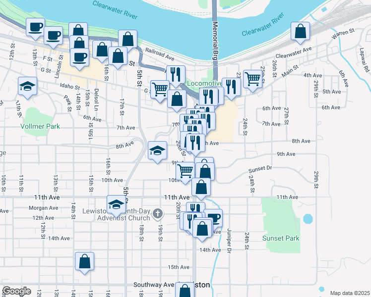 map of restaurants, bars, coffee shops, grocery stores, and more near 2004 8th Avenue in Lewiston