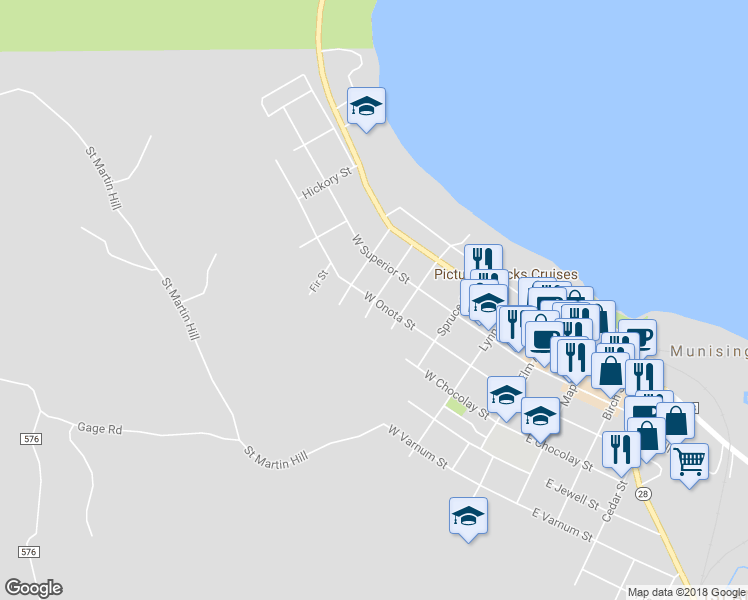 map of restaurants, bars, coffee shops, grocery stores, and more near 298 Chestnut Street in Munising