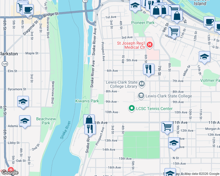 map of restaurants, bars, coffee shops, grocery stores, and more near 712 3rd Street in Lewiston