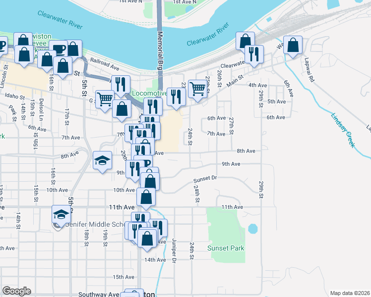 map of restaurants, bars, coffee shops, grocery stores, and more near 734 Cassell Street in Lewiston