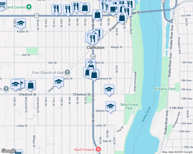 map of restaurants, bars, coffee shops, grocery stores, and more near 512 Sycamore Street in Clarkston