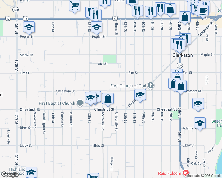 map of restaurants, bars, coffee shops, grocery stores, and more near 1238 Sycamore Street in Clarkston