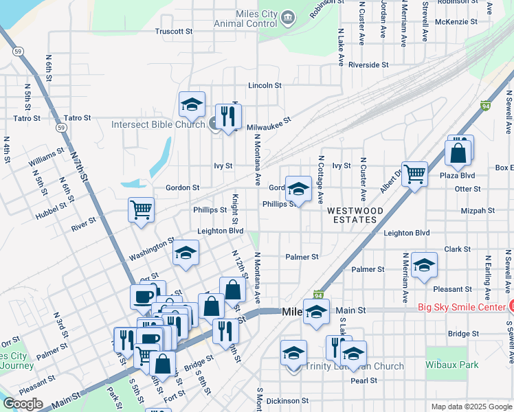map of restaurants, bars, coffee shops, grocery stores, and more near 1409 Phillips Street in Miles City